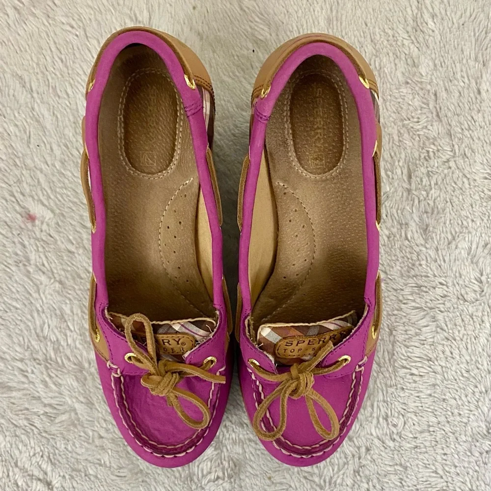 Sperry Top-Sider Goldfish Pink Tan Plaid Wedges Women’s Size 7.5M